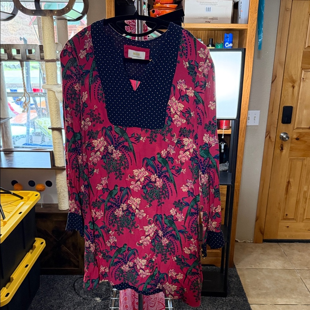 Maeve Pink and Navy printed dress with gold buttons Size 2 EUC 👇🏻